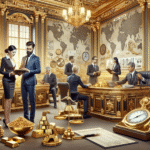 A luxurious and sophisticated gold trading office, where professionals evaluate and trade gold, symbolizing trust, quality, and transparency.