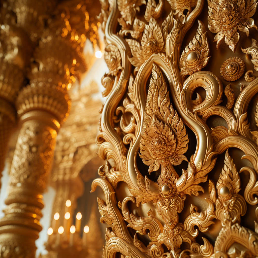 Nærbilde av intrikate gullornamenter i et tempelinteriør, mykt gyllent lys, teksturdetaljer og subtil religiøs atmosfære, høy oppløsning