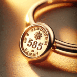 Nærbilde av et gullsmykke med tydelig 585-stempel, varm gyllen belysning, ren bakgrunn og fokus på detaljering