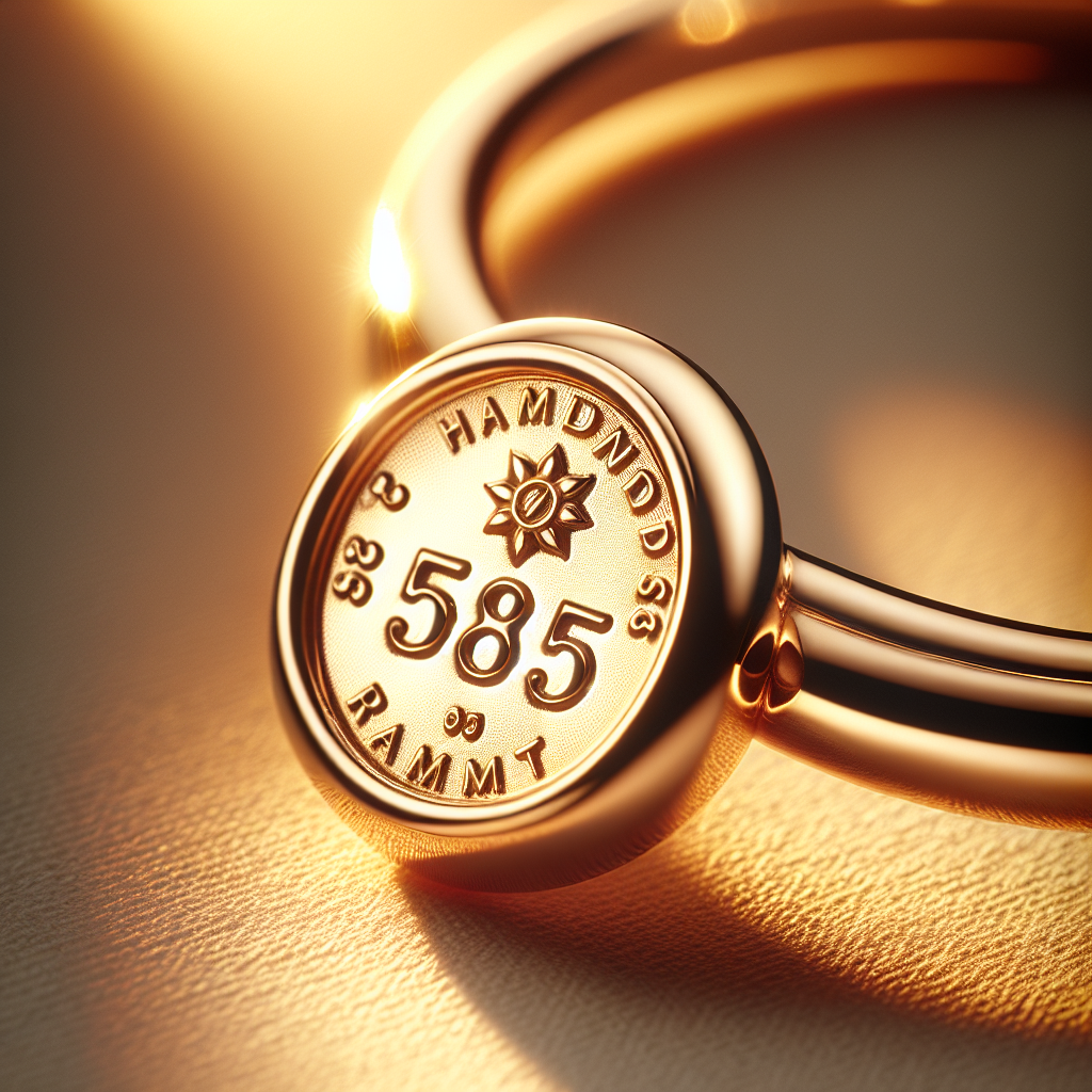 Nærbilde av et gullsmykke med tydelig 585-stempel, varm gyllen belysning, ren bakgrunn og fokus på detaljering