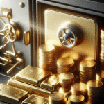 Nærbilde av gullbarrer og mynter i en låst safe, mykt lys, symboliserer trygg oppbevaring og verdi, profesjonelt og rolig uttrykk