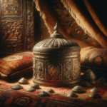 Fotorealistisk bilde av et gammelt relikvieskrin på myke tekstiler i dempet, varmt lys; fokus på detaljrikdom, patina og kulturarv