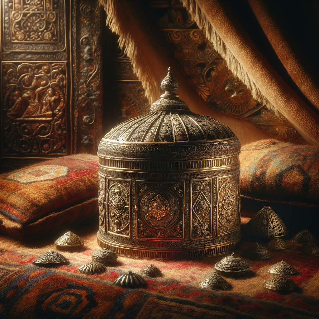Fotorealistisk bilde av et gammelt relikvieskrin på myke tekstiler i dempet, varmt lys; fokus på detaljrikdom, patina og kulturarv