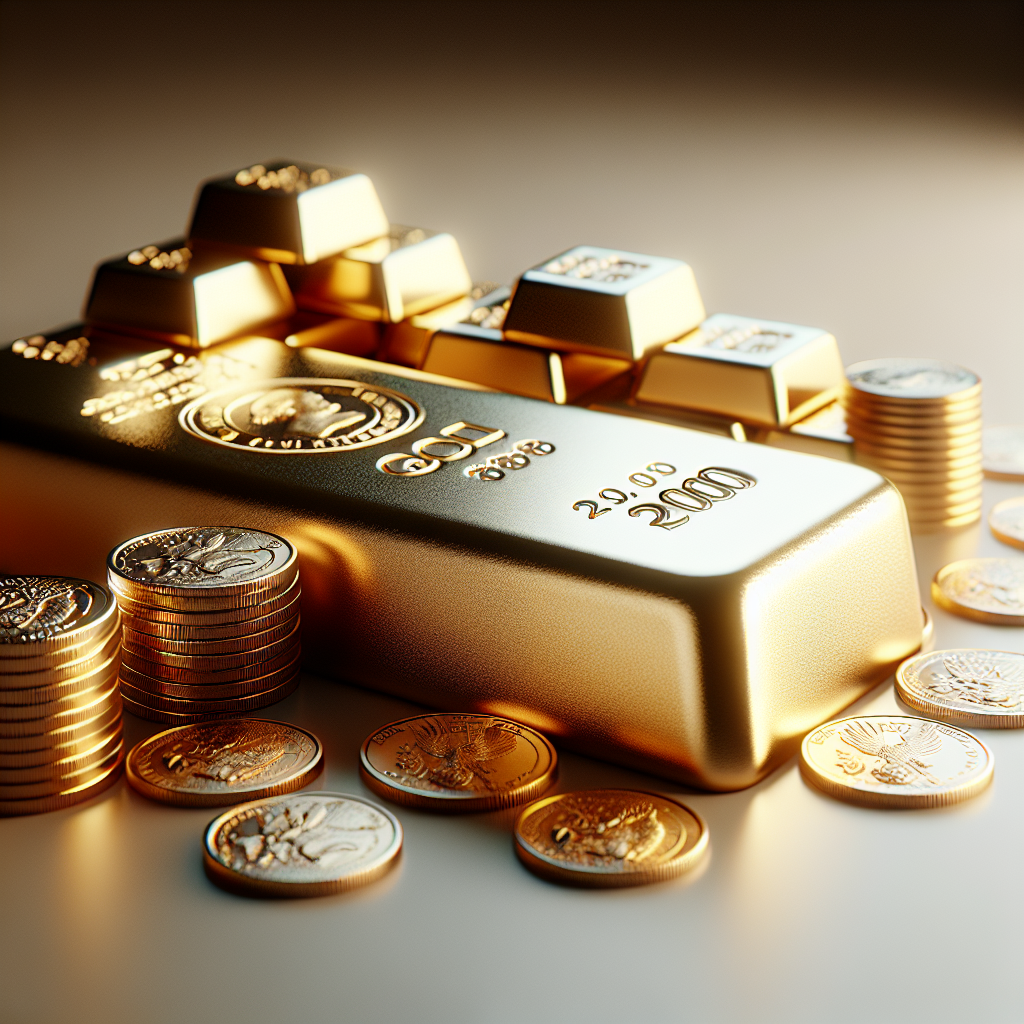 Nærbilde av gullbarrer og myntsamling på et nøytralt underlag, profesjonell belysning, fokus på detaljer og autentisitetsstempel, rolig bakgrunn