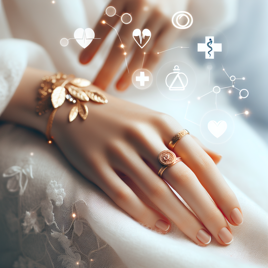 Nærbilde av hånd med gullsmykker lagt på myk hvit bakgrunn, medisinske symboler subtilt kombinert, rent og profesjonelt helseorientert uttrykk