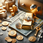 Nærbilde av gullbarrer, mynter og smykker arrangert ved siden av en nedbetalt regning, safe og nøkler, lys, moderne økonomisk kontekst