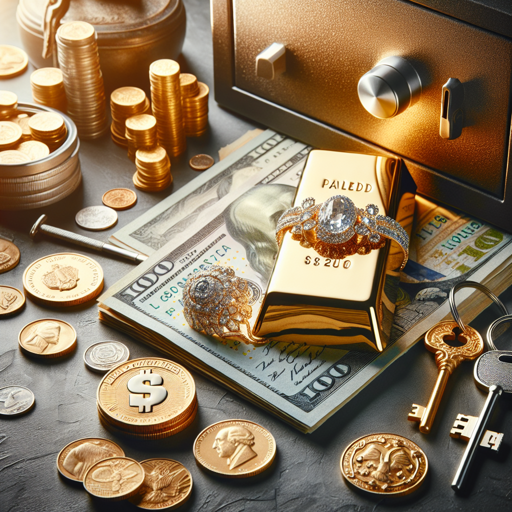 Nærbilde av gullbarrer, mynter og smykker arrangert ved siden av en nedbetalt regning, safe og nøkler, lys, moderne økonomisk kontekst